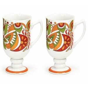 2 SET Royal Crown Arnart Tina 3803 MCM Abstract Footed Mugs Orange Green Red